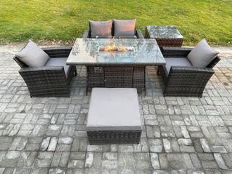 Fimous 5 Seater Outdoor Rattan Sofa Set Garden Furniture Gas Firepit Dining Table Heater with Side Table in Dark Grey