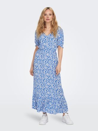 Only Maxikleid ONLY ONLCHIANTI S/S LONG DRESS WVN NOOS, Damen, Gr. L (40), N-Gr, blau (marina), Web, Obermaterial: 100% Viskose, bedruckt, regular fit kn&ouml;c