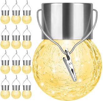 OEM Juego De 12 Luces Colgantes Solares Para Exteriores: Esferas Decorativas De Cristal Craquelado Led, Impermeables Y Con Ganchos Para Jard&iacute;n, Patio, Val