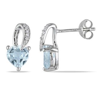 Amour Heart Shaped Aquamarine and Diamond Swirl Earrings In Sterling Silver