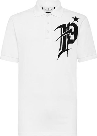 Philipp Plein Slim Fit Polo Shirt SS Gothic Plein with Crystals - Heren - Polos - Wit - 3XL - Katoen - Tops