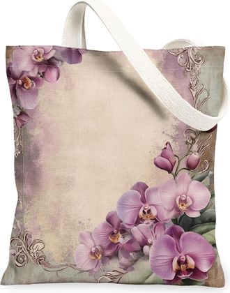 Generic Spring Orchid Flower Canvas Tote Bag for Shopping 13x15, Farmhouse Country Floral Reusable Grocery Print Pattern Bag for Women Men, Retro Farm Aesthet