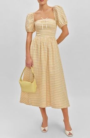 Reformation Marella Puff Sleeve Linen Dress in Sunshine Check at Nordstrom Rack, Size 4