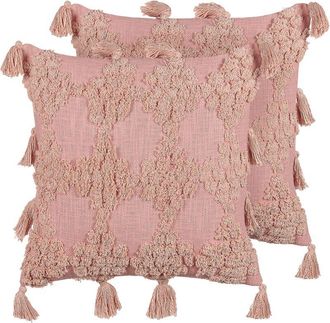 Beliani Conjunto De 2 Cojines De Algod&oacute;n Rosa 45 X 45 Cm Geom&eacute;trico Borlas Relleno Torenia