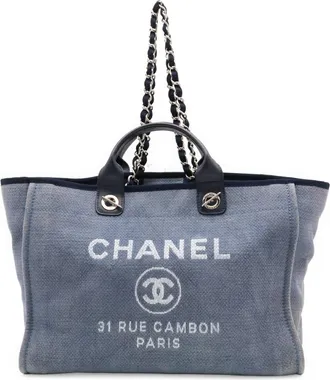 Chanel Blue Canvas Leather Shoulder Bag Tote Bag (Pre-Owned)