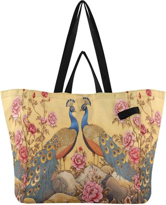 Generic Peacock Floral Golden pattern Reusable Canvas Tote Bag, Heavy Duty Grocery Shopping Bag with Double Handles Hard Bottom Large Capacity Work Groceries 