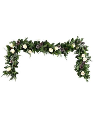 Creative Displays Inc. Handcrafted 9Ft Holiday Garland With Roses, Flocked Pine, Ferns & Pinecones