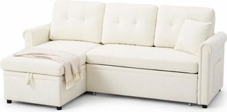 STILVORA Sof&aacute; Esquinero Convertible 3 Plazas En Chenilla Con Cofre, Chaise Longue Reversible, Bolsillos Laterales Y 5 Cojines, Beige