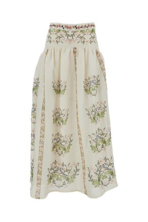 Agua Bendita White Curua Floral Linen Skirt