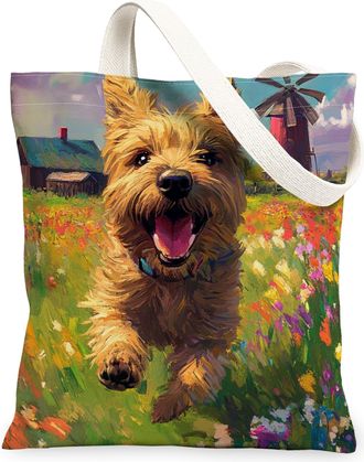 Generic Spring Cairn Terrier Dog Canvas Tote Bag for Shopping 13x15, Country Garden Puppy Reusable Grocery Print Pattern Bag for Women, Fun Flower Pet Beach A