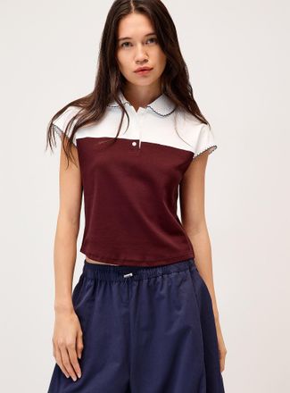 Twik Womens Two-tone scallop-trim Polo Shirt shirt