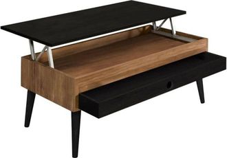 HOGAR 24 Mesa De Centro Elevable Con Caj&oacute;n Deslizante Dise&ntilde;o Vintage Madera Maciza Acabado Encerado Y Negro