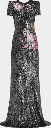 Naeem Khan Floral Applique Stretch Sequin Cap-Sleeve Gown