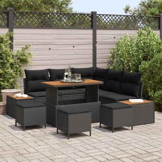 vidaXL Vidaxl - Conjunto De Sof&aacute; De Jard&iacute;n Con Coj&iacute;n 9 Pcs Negro Polirat&aacute;n