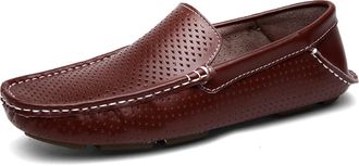 Generic for Men Mens Loafers Shoe Breathable Genuine Leather Perforated Stitching Details Flat Heel Lightweight Flexible Comfortable Wedding Slip On(Brown,5.5