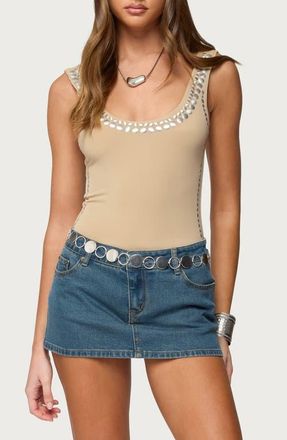 Edikted Amaia Studded Bodysuit in Beige at Nordstrom, Size X-Small