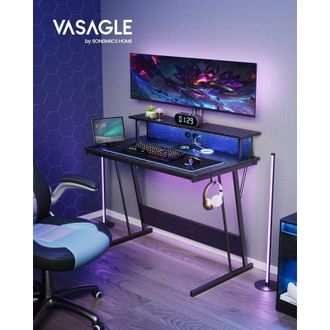 Vasagle Escritorio para Juegos con Luces led y Tomas de Corriente Incorporadas, Escritorio con Estante para 2 Monitores, Mesa para Oficina Dormitorio, 55 x