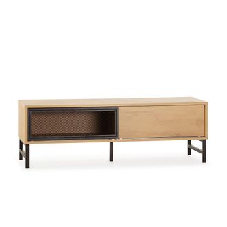 HOMN Mueble tv 2 puertas color roble y metal negro, 120 cm