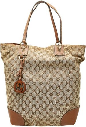 Gucci Beige Brown Canvas Leather Shoulder Bag Tote Bag (Pre-Owned)