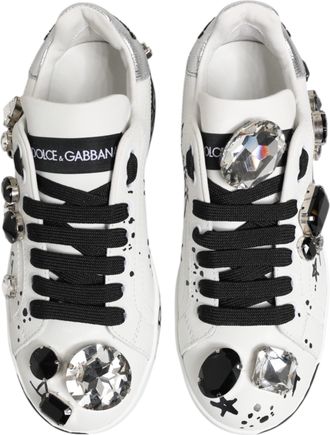 Dolce & Gabbana Womens White Portofino Crystal Sneakers Shoes Leather