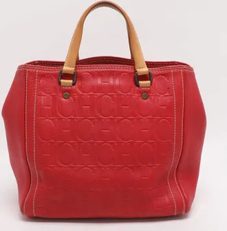 Carolina Herrera Red/beige Monogram Embossed Leather Tote