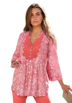 Roaman's Plus Size Juliet Lace Trim Button-Down Shirt in Coral Misty Paisley at Nordstrom, Size 18