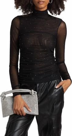 Cinq &agrave; Sept Heatset Shirred Mesh Turtleneck Top In Black Silver