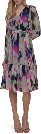 DKNY V-Neck Long Sleeve Fit & Flare Dress in Navy Multi at Nordstrom Rack, Size 16