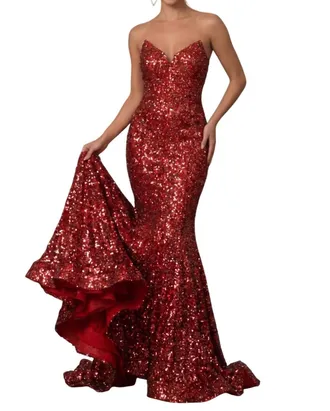 Portia & Scarlett Strapless Fully Beaded Mermaid Prom Gown In Red