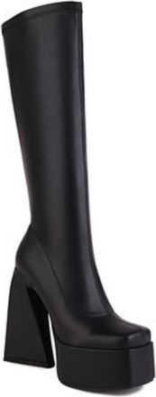 Generic Womens Square Toe PU Leather Long Boot Block High Heel Knee High Boots Pull on Knight Boots,Black,3.5 UK