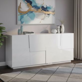 Dmora Aparador Yago, Buffet De Sal&oacute;n, Aparador De Sal&oacute;n Moderno Con 4 Puertas, 200x44h86 Cm, Blanco Brillo, Con Embalaje Reforzado - Dmora
