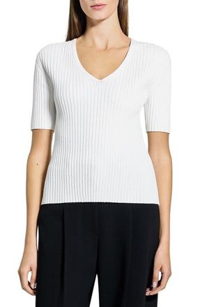Theory V-Neck Rib Pointelle Sweater in White at Nordstrom, Size Medium