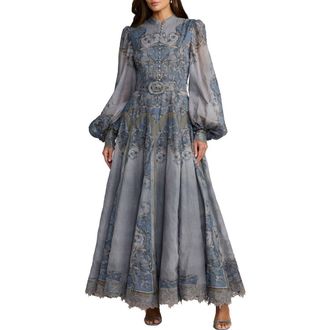 Mac Duggal Petite Baroque Print Bishop Sleeve A-Line Ankle Dress in Slate Blue at Nordstrom, Size 10P