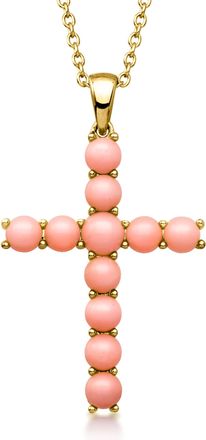 Ross-Simons Pink Coral Cross Pendant Necklace in 18kt Gold Over Sterling