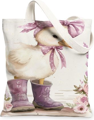 Generic Floral Duck Canvas Tote Bag, Vintage Style Reusable Grocery Bags, Lightweight Washable Shoulder Strap Bags for Outdoor Trav, Violet, 13x15 Inch
