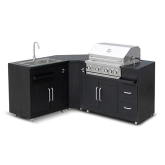 Oviala Cocina exterior met&aacute;lica con 3 fregaderos y barbacoa