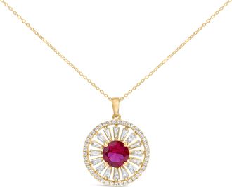 House of Brilliance 14K Yellow Gold Plated Sterling Silver Lab Grown Ruby and Diamond Sunburst Medallion Pendant Necklace