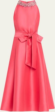 Badgley Mischka Bead-Embellished Halter Midi Dress