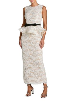 Mac Duggal Sleeveless Lace Peplum Top Column Gown With Bow in Ivory Nude at Nordstrom, Size 14