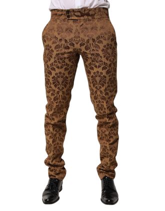 Dolce & Gabbana Brown Floral Jacquard Men Skinny Trouser Mens Pants