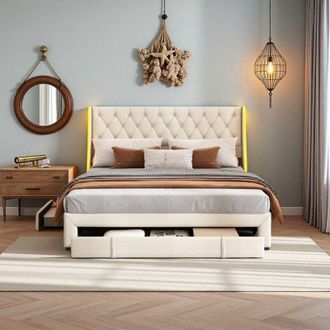 OEM Cama Cofre Doble 160x200 - Terciopelo Gris Perla - 3 Cajones - Led Multicolor - Estructura De Metal