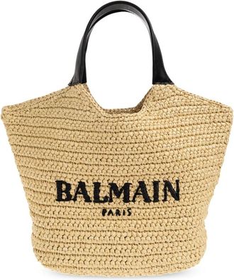 Balmain Logo Tas met Bovenhandvat met Raffia-Effect - Dames - Shoppers - Beige - ONE Size - Leer - Tassen