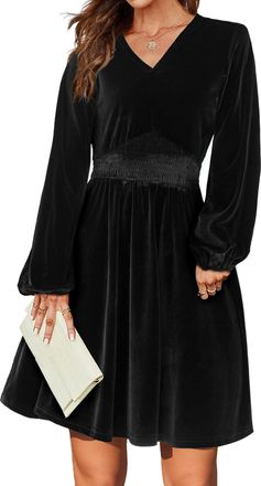 Zeagoo Dress Women Velvet Dress Elegant Cocktail Dress Vintage Party Dress V-Neck Long Sleeved Evening Dress Festive Dress Black XL
