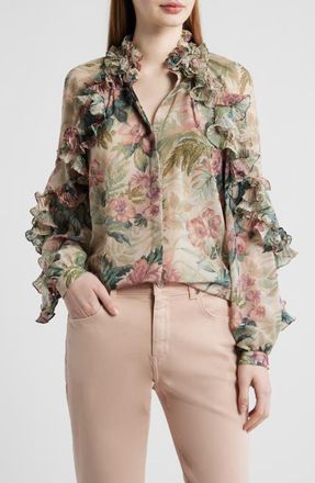 Kobi Halperin Esme Floral Ruffle Button-Up Chiffon Shirt in Rose Multi at Nordstrom, Size X-Small
