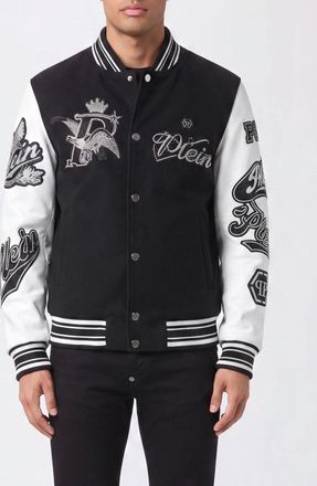 Philipp Plein Bomber college in pelle di vitello con logo ricamato e profili a contrasto