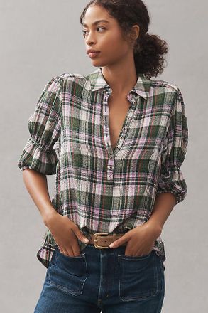 Pilcro The Tallulah Puff-Sleeve Plaid Buttondown Top by Pilcro