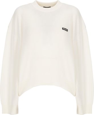Rotate White Round-Neck Ribbed Wool Sweater