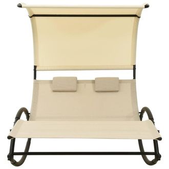 Berkfield Home Double Sun Lounger with Canopy Textilene Cream in Beige