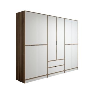 Dmora Armario Grande Gaspard, Ropero Dormitorio 5 Estantes, Perchero, 2 Cajones, 277x208h Cm Blanco Y Nogal Y Nogal
