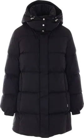Add Knee-Length Black Quilted Puffer Coat With Removable Hood